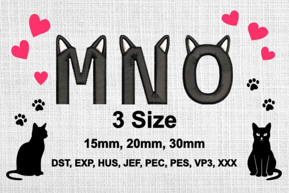 Cat Ears Embroidery Font Alphabet M N O