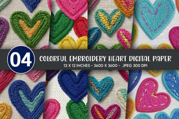 Colorful Embroidery Heart Digital Paper