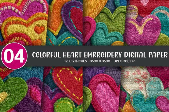 Colorful Heart Embroidery Digital Paper