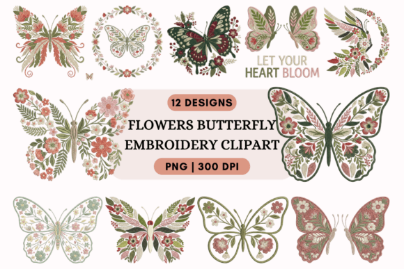 Flowers Butterfly Embroidery Clipart