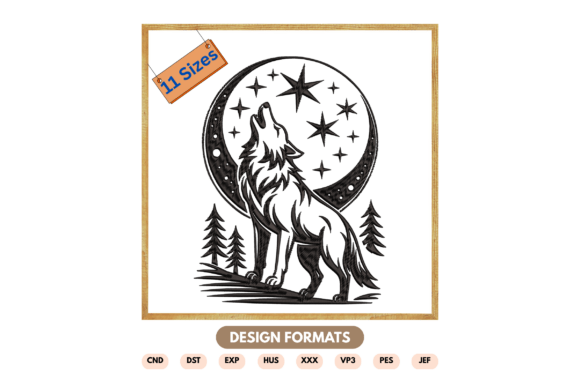 Howling Wolf at Night Embroidery Design