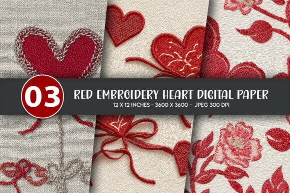 Red Embroidery Heart Digital Paper