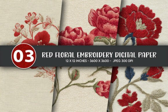 Red Floral Embroidery Digital Paper